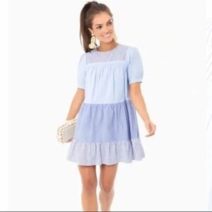 Pomander Place Tuckernuck Quinn Dress‎ Poplin Blue Swing Tiered Coastal Large